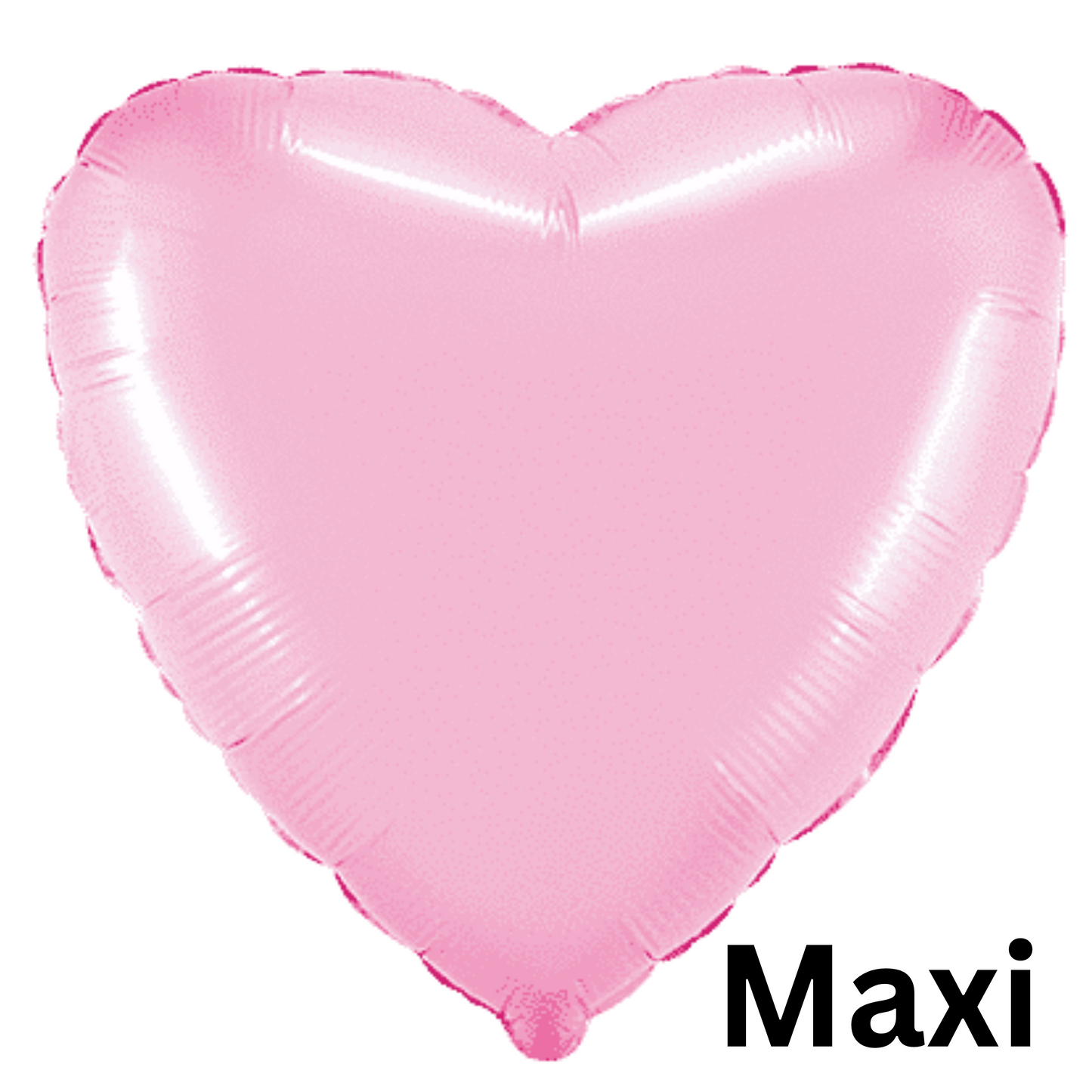 A large shiny pink heart-shaped foil balloon on a white background, with the word 'Maxi' printed in black at the bottom right.