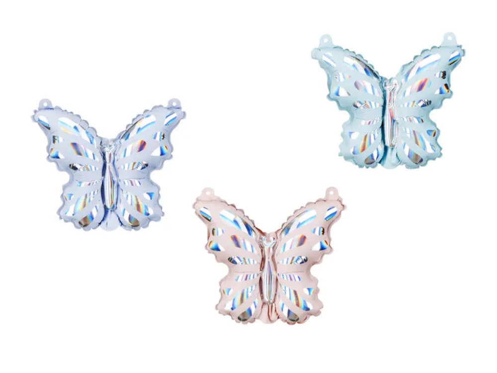 Three butterfly-shaped balloons in blue, pink, and white on a white background