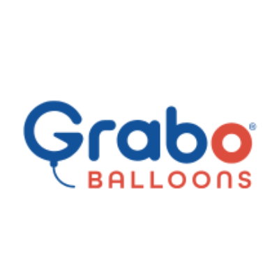 The logo for Grabo Balloons, featuring the brand name in blue and red with a small blue balloon tail detail, centered on a plain white background.